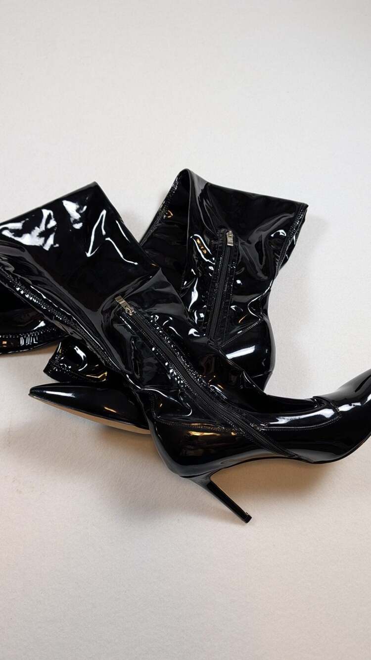 Black Patent Leatherette Over-The-Knee Pointy Toe Stiletto High Heel Boots - Picture 9 of 12